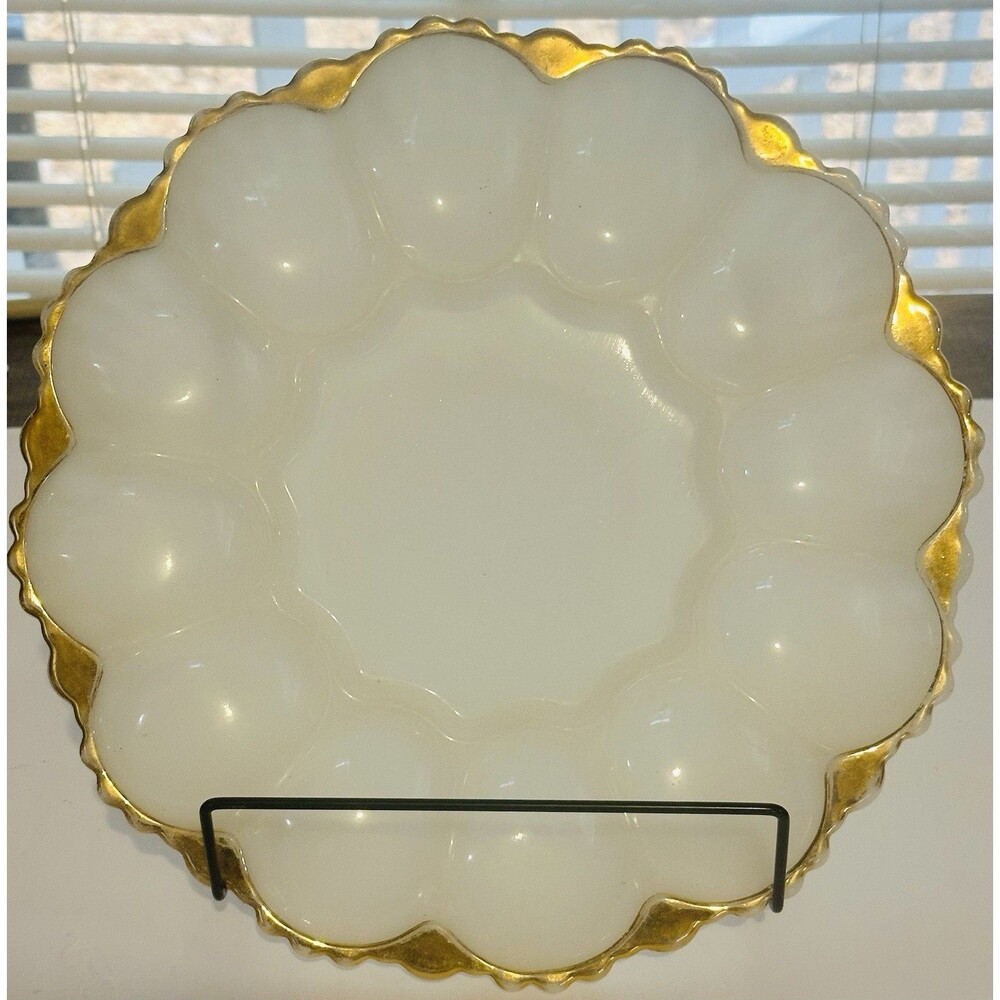 Vintage White Milk Glass Deviled Egg Plate Gold Gilt Trim 12 Egg Serving Tray